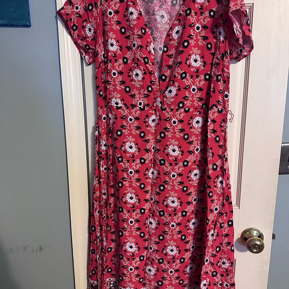 LOFT Red and White Midi Sundress with Flutter Sleeves